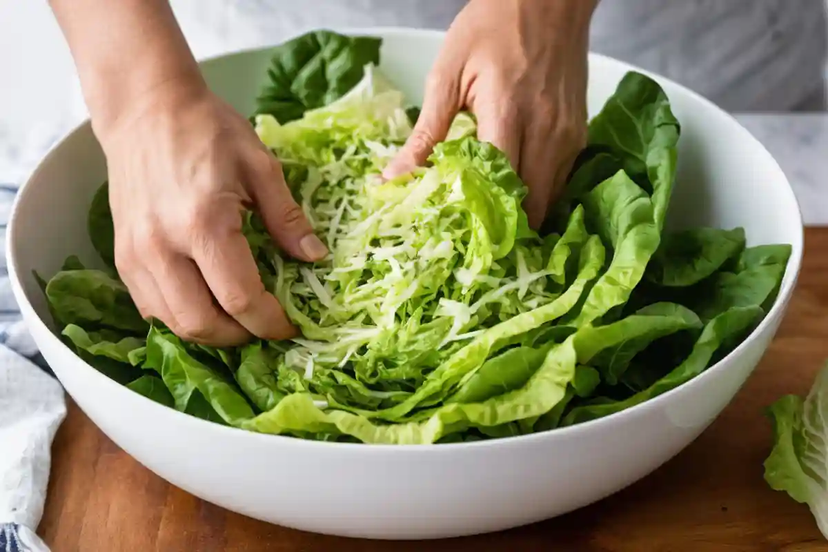 Hands layering shredded romaine lettuce evenly in a white bowl as the first step for a Sub in a Tub