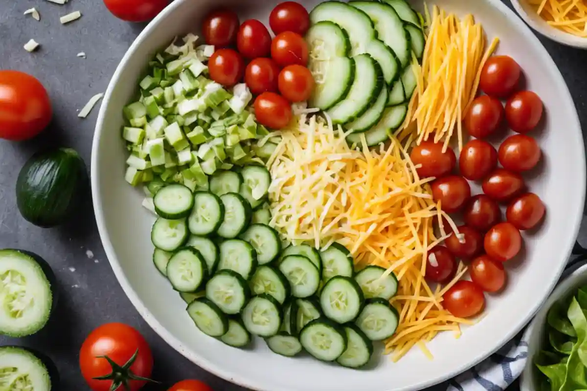 Cherry tomatoes, cucumber slices, and shredded cheese being added to a bowl of shredded lettuce for a Sub in a Tub.