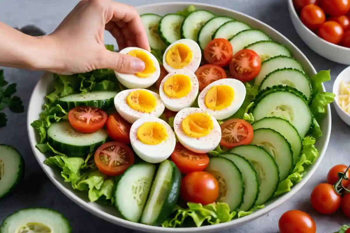 Neatly arranged boiled egg slices being placed over cherry tomatoes and cucumbers in a bowl of Sub in a Tub.