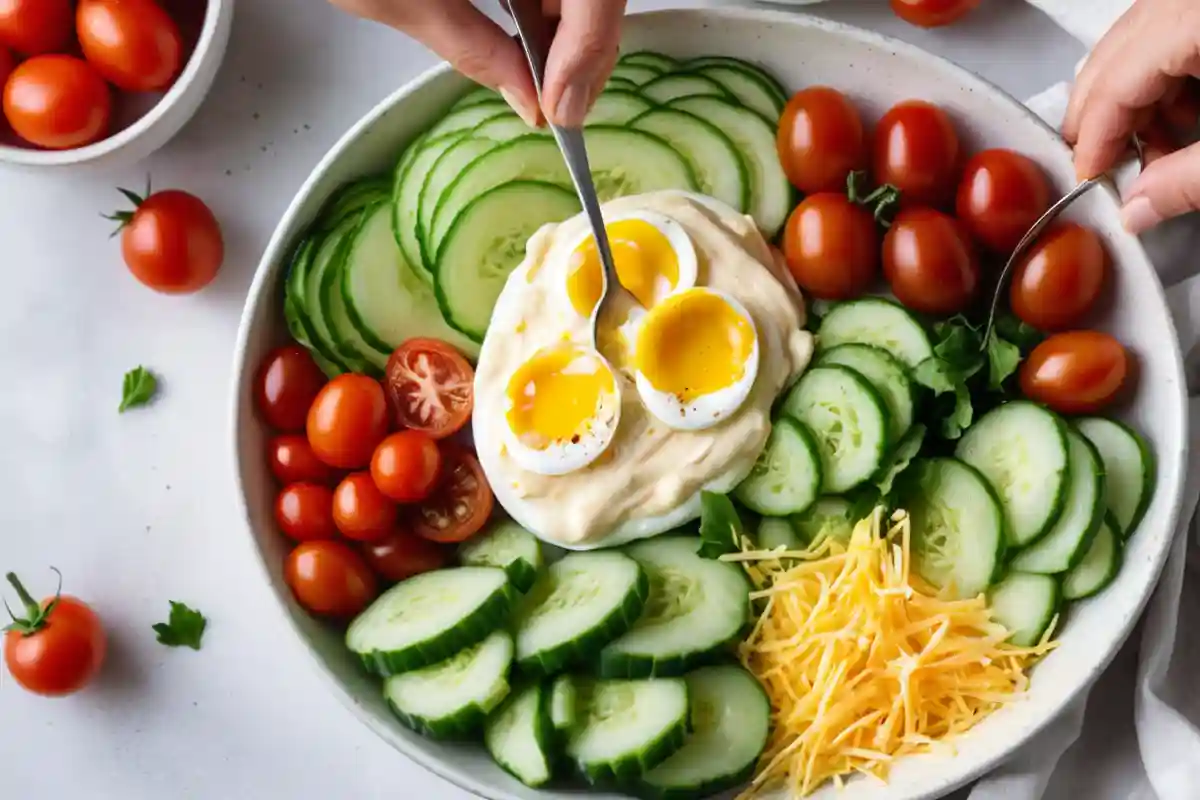 A spoon drizzling Greek yogurt over a Sub in a Tub with lettuce, vegetables, and boiled eggs.