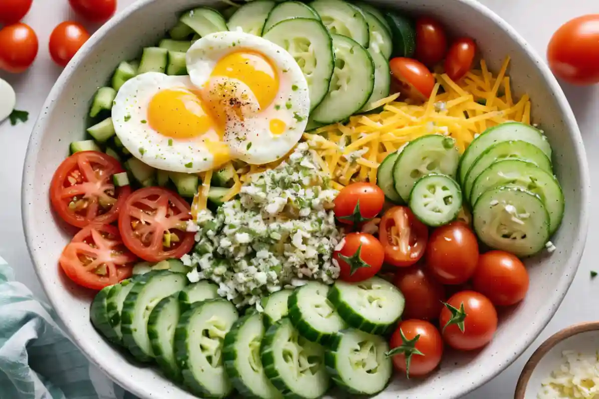 A hand sprinkling ground pepper and salt onto a Sub in a Tub with eggs, vegetables, and dressing.