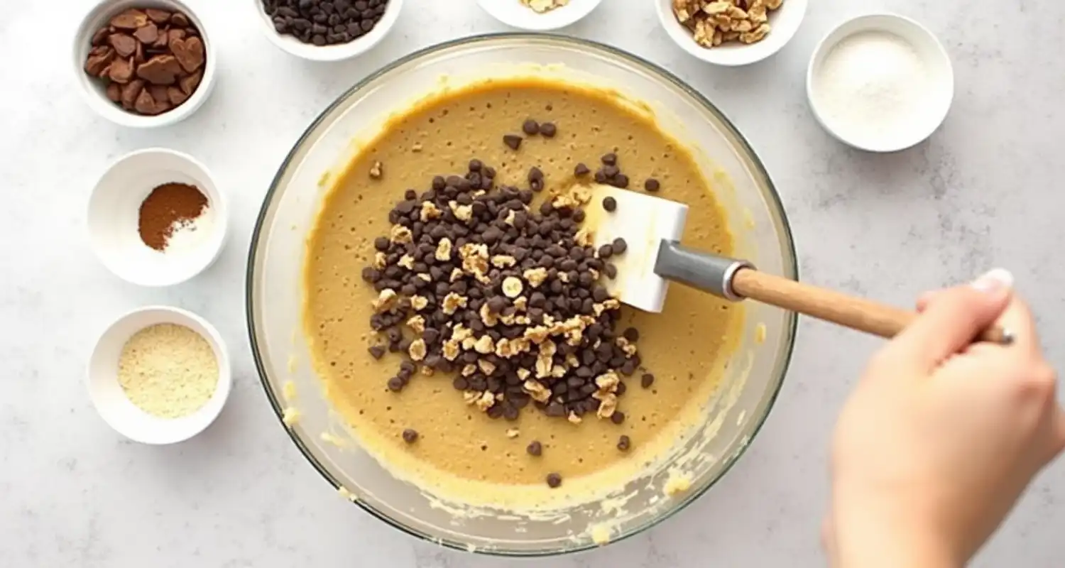 Banana bread batter with chocolate chips and walnuts being folded in using a silicone spatula.