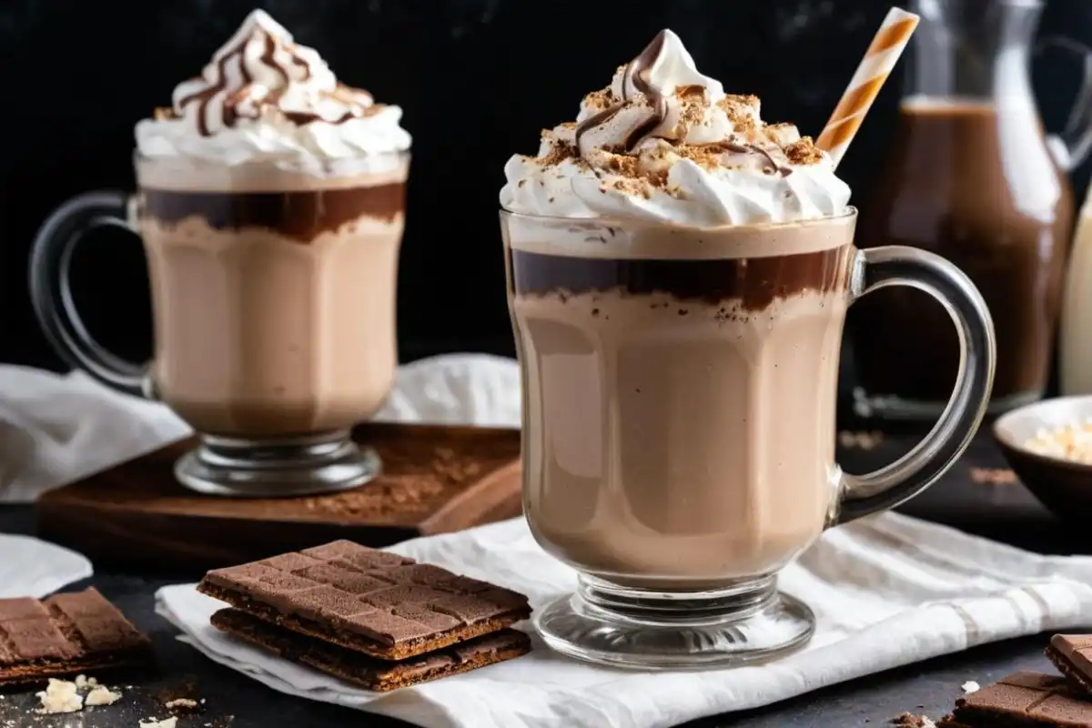 A mug of Baileys Irish Cream Chocolate Wafer Drink topped with whipped cream, crushed wafers, and a chocolate drizzle.