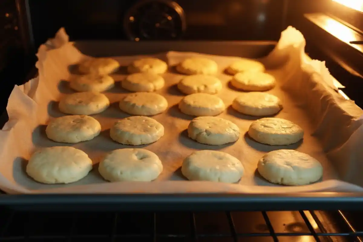 Raw biscuit rounds on a parchment-lined baking sheet being placed into a preheated oven.