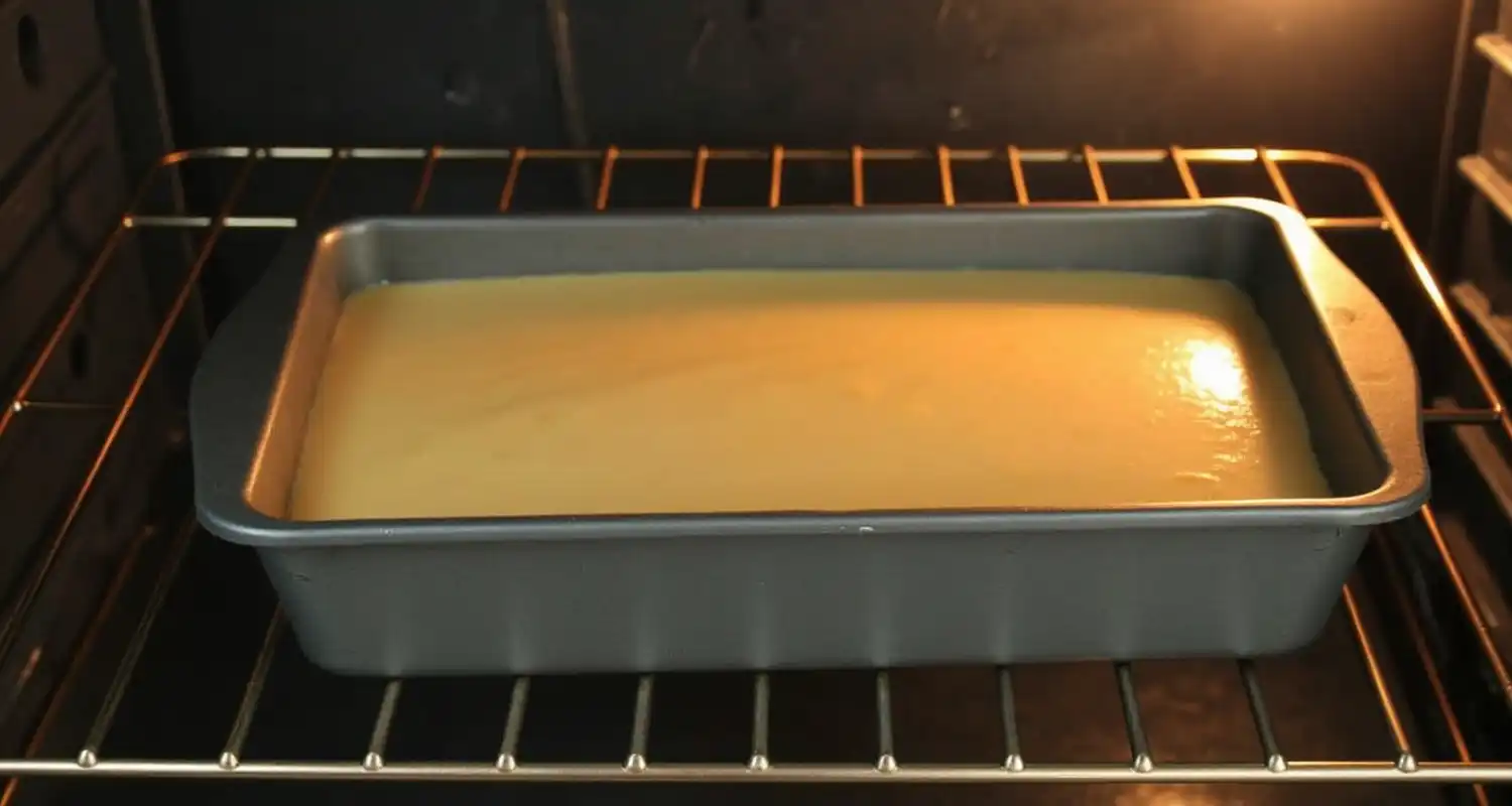 A loaf pan filled with banana bread batter placed inside a preheated oven with the light on.