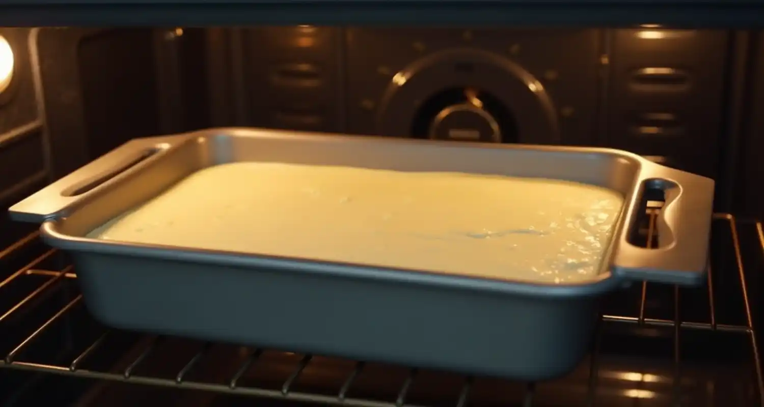 A pan of kefir cake batter being placed into a preheated oven at 350°F.
