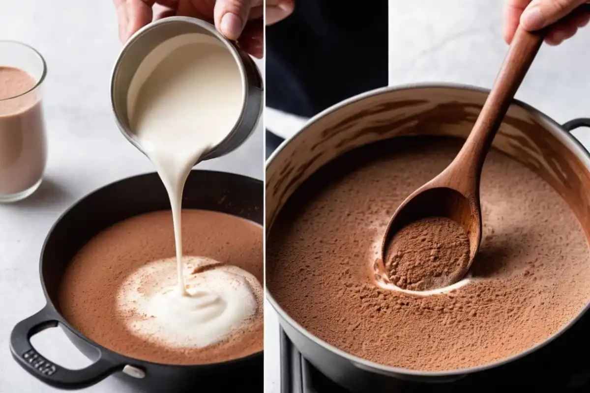 A close-up of Baileys being poured into a saucepan of warm milk and cocoa, with sugar nearby and a wooden spoon stirring.