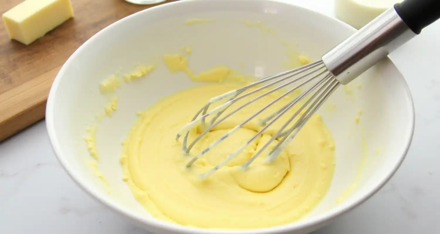 A ceramic bowl with kefir, sugar, eggs, melted butter, and vanilla extract being whisked together.