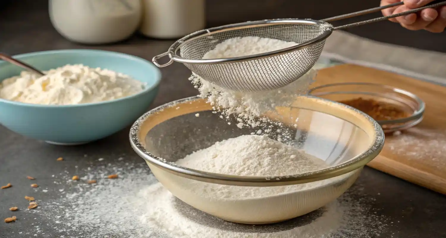 Sifting flour, baking soda, and salt into a bowl before adding to wet ingredients.