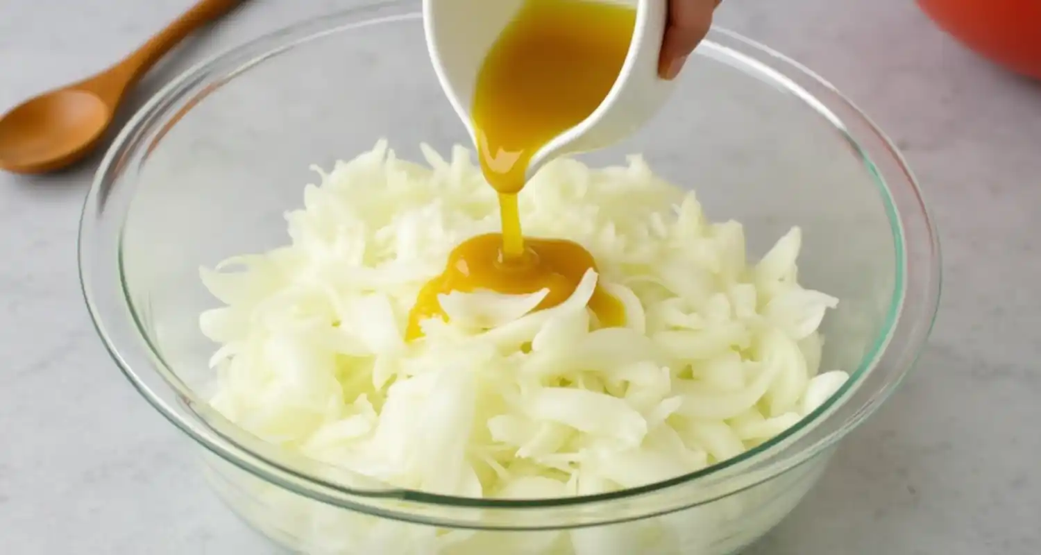 Sliced onions in a bowl with dressing being poured over them