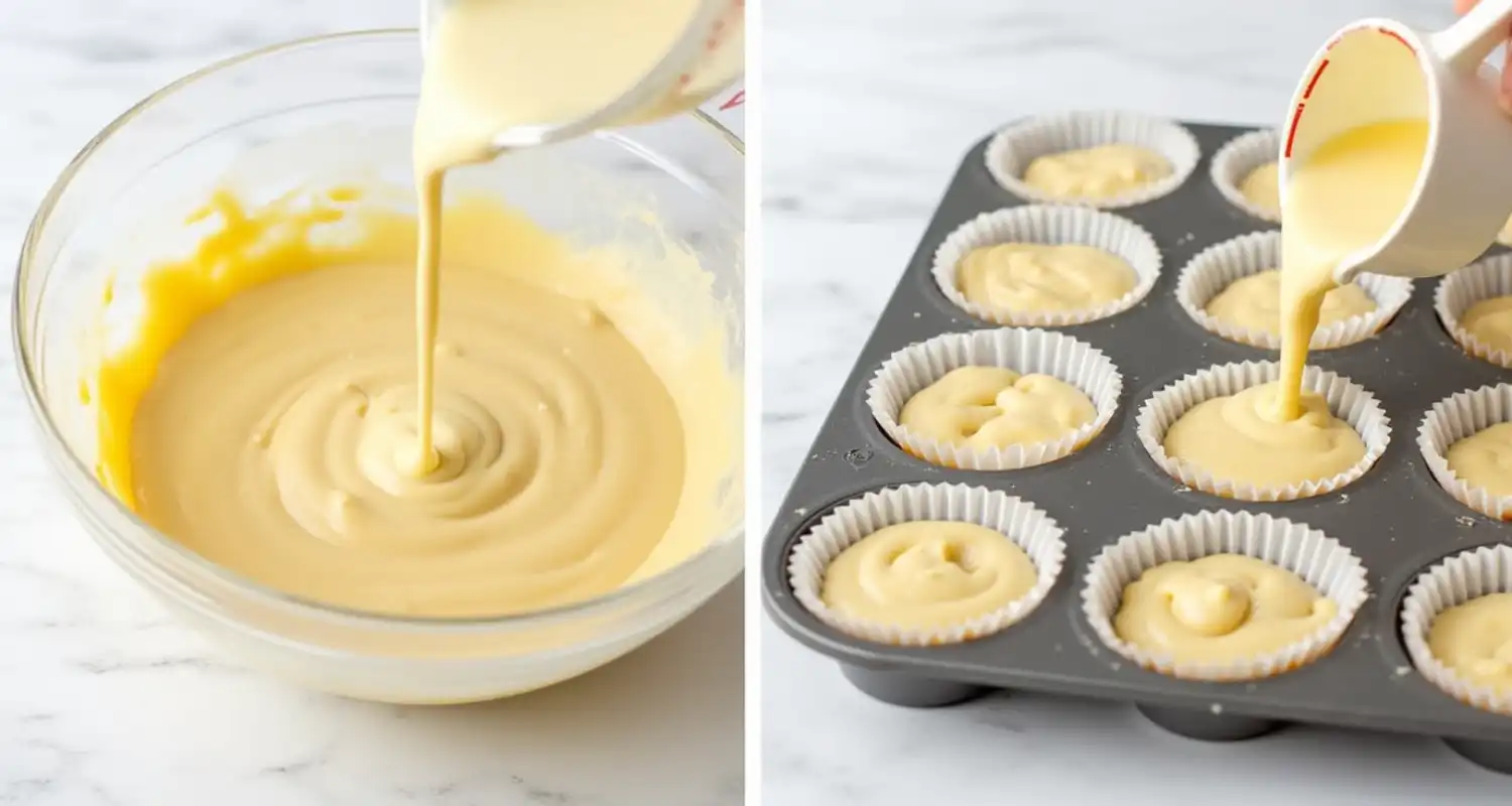 Batter being mixed with milk and spooned into lined cupcake pans, ready for the oven.