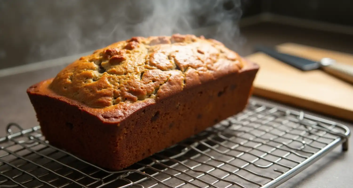 A golden-brown banana bread cooling on a wire rack with steam rising from it.