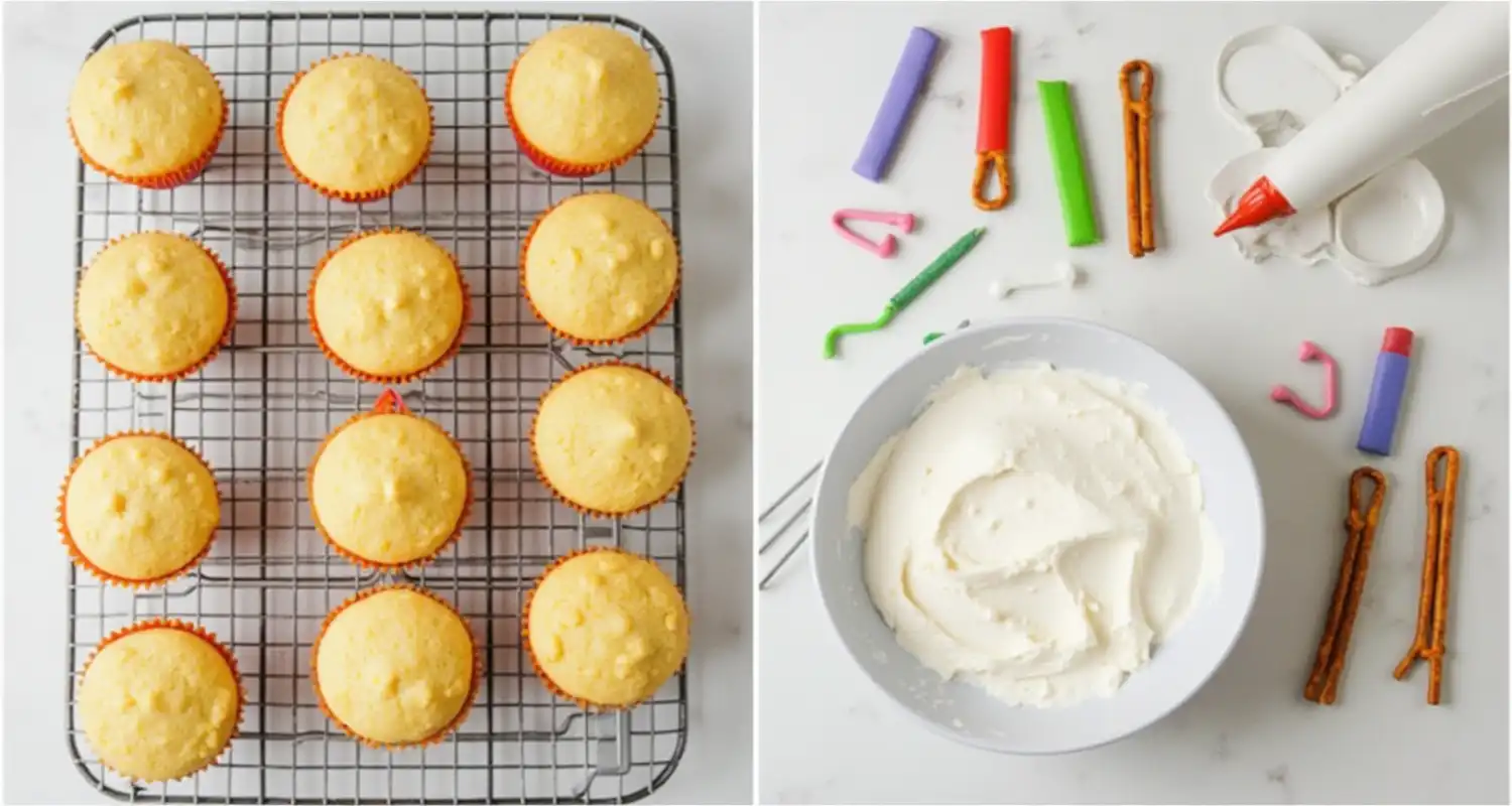 Baked cupcakes cooling on a wire rack, with frosting and bow-shaped fondant decorations ready for assembly.