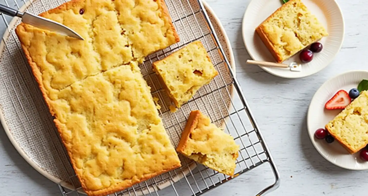 A baked kefir sheet cake cooling on a wire rack, with a slice being cut and plated.