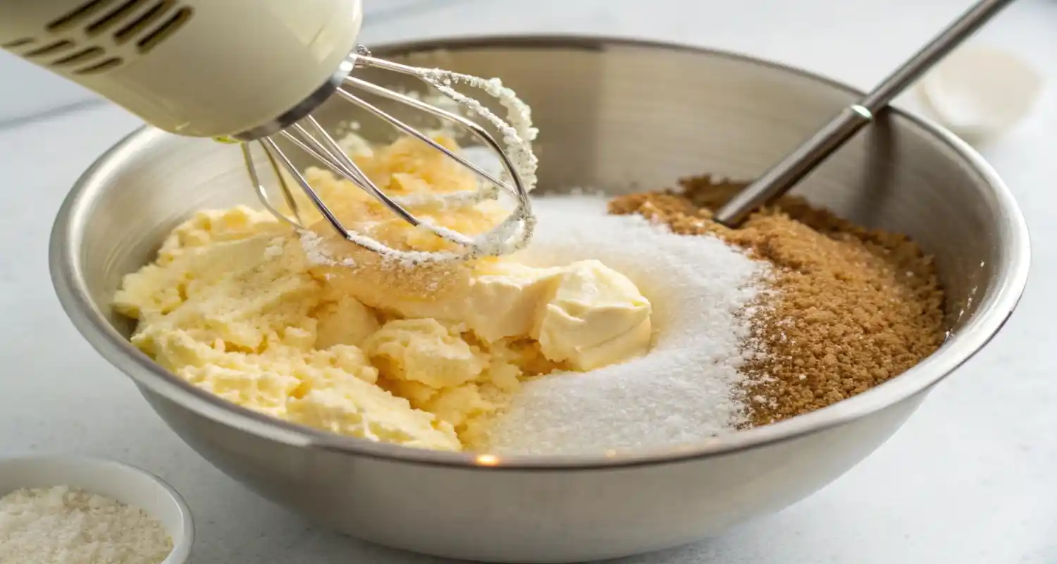 Butter, granulated sugar, and brown sugar being creamed with a hand mixer.