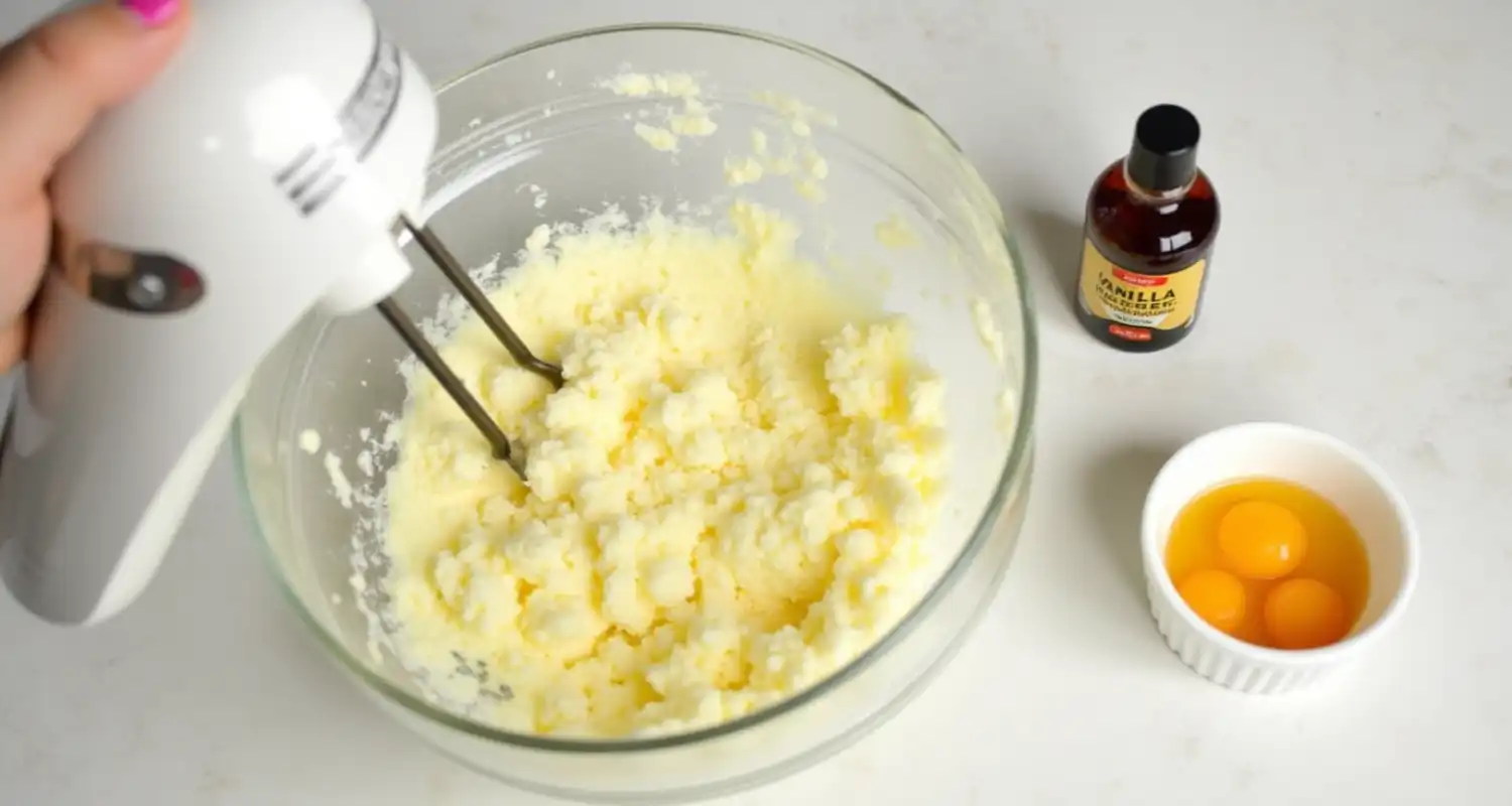 Butter and sugar being creamed with an electric mixer, with eggs and vanilla extract ready to be added.