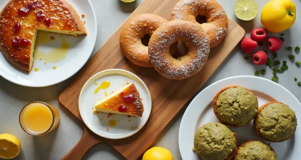 A breakfast spread with kefir sheet cake recipe card, sourdough bagels, matcha muffins, and ginger shots.