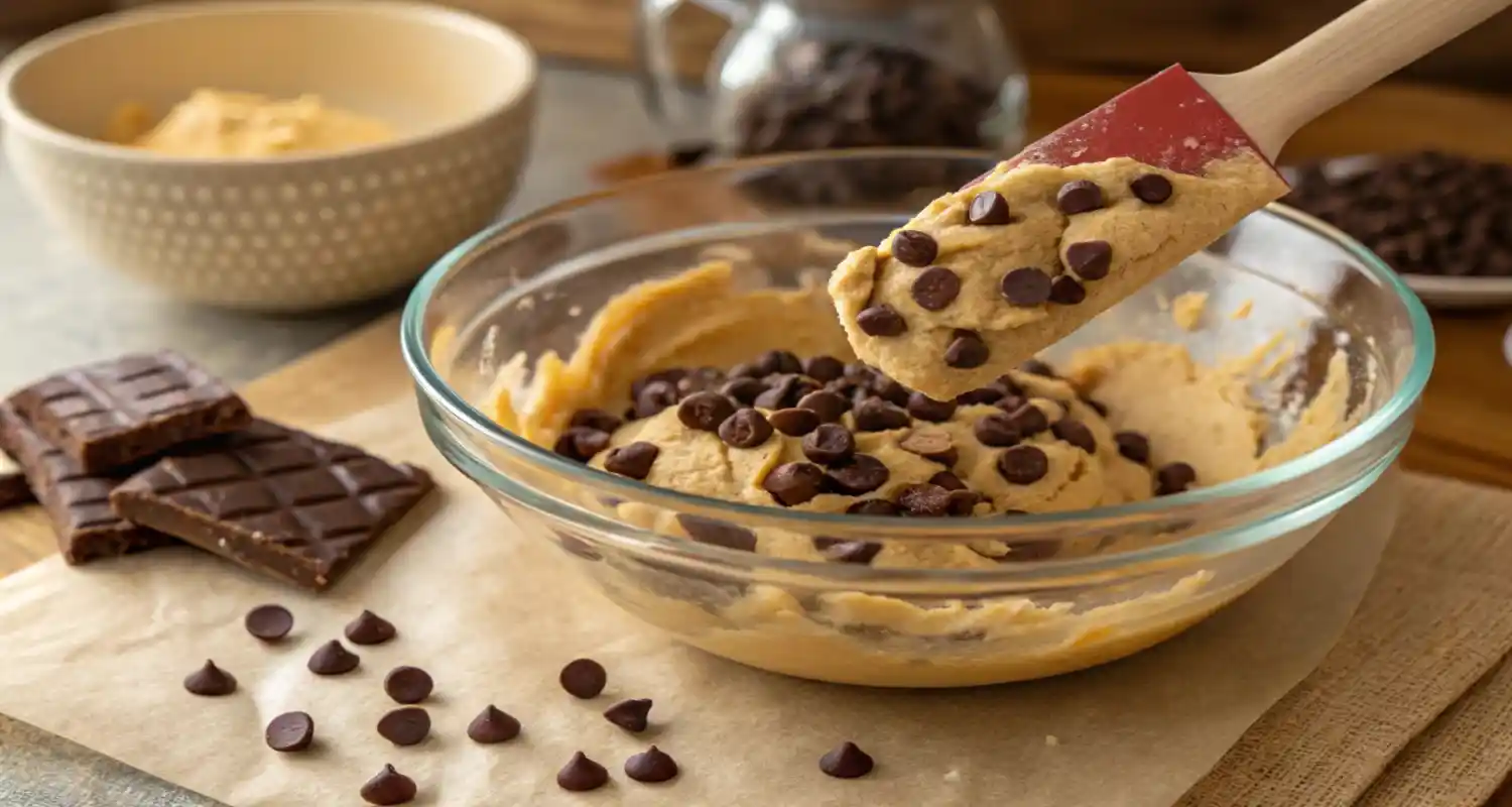 Chocolate chips being folded into cookie dough with a spatula for even distribution.