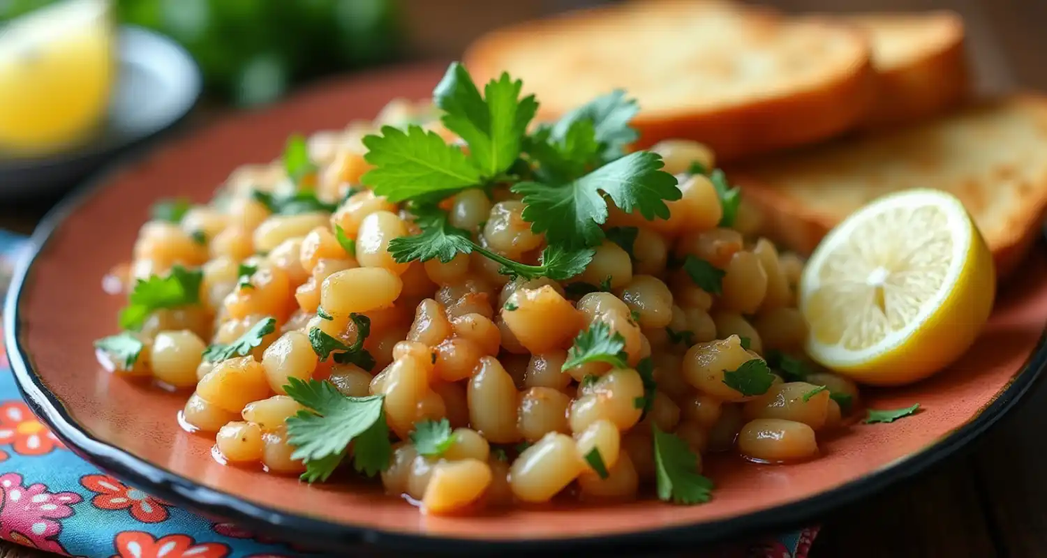 A plate of cebolla ensalada garnished with fresh cilantro, ready to serve