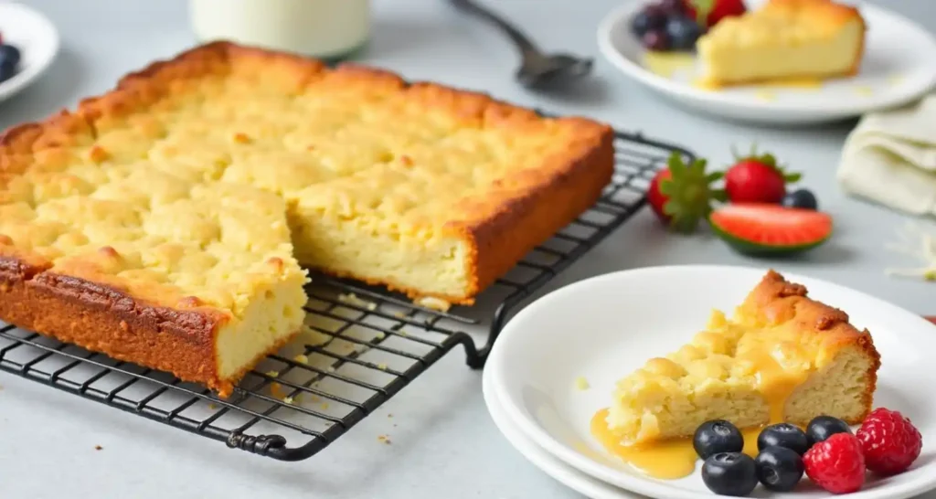A freshly baked kefir sheet cake cooling on a wire rack with slices served alongside berries and honey.