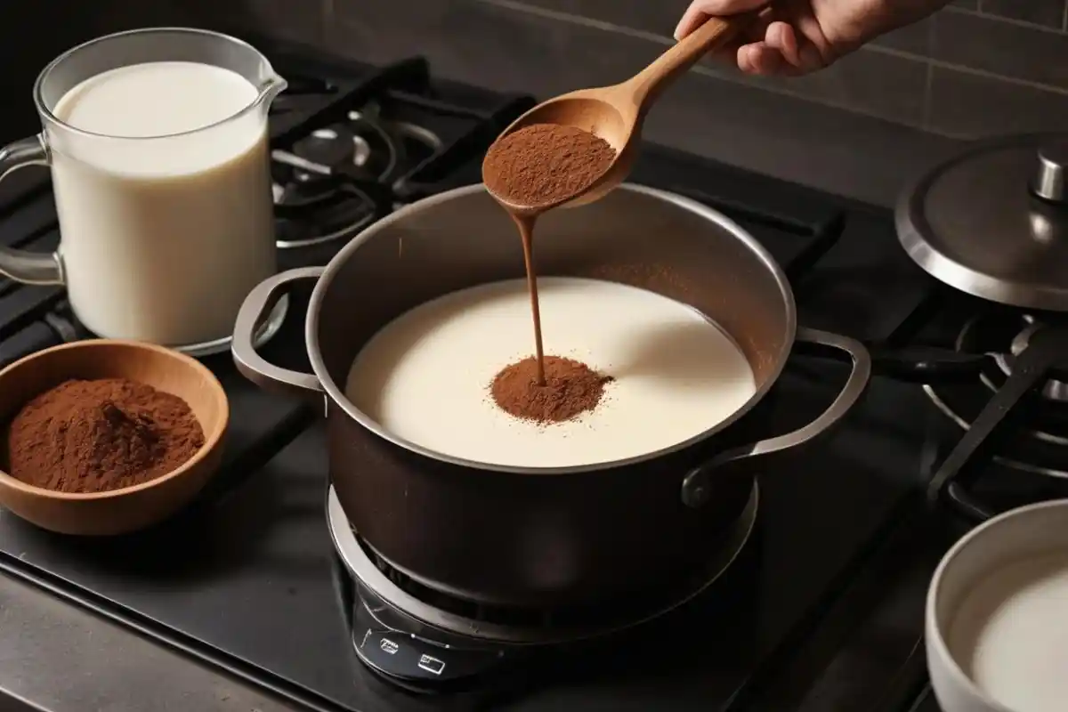 Milk being poured into a saucepan on a stovetop with cocoa powder nearby, creating the base for Baileys Irish Cream Chocolate Wafer Drink.