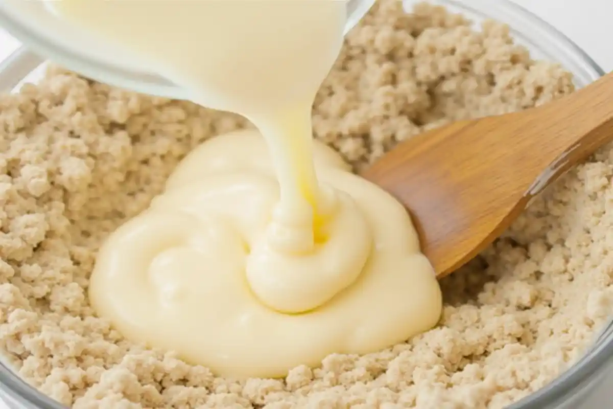 Heavy cream being poured into a bowl of dry ingredients, gently stirred to form dough.