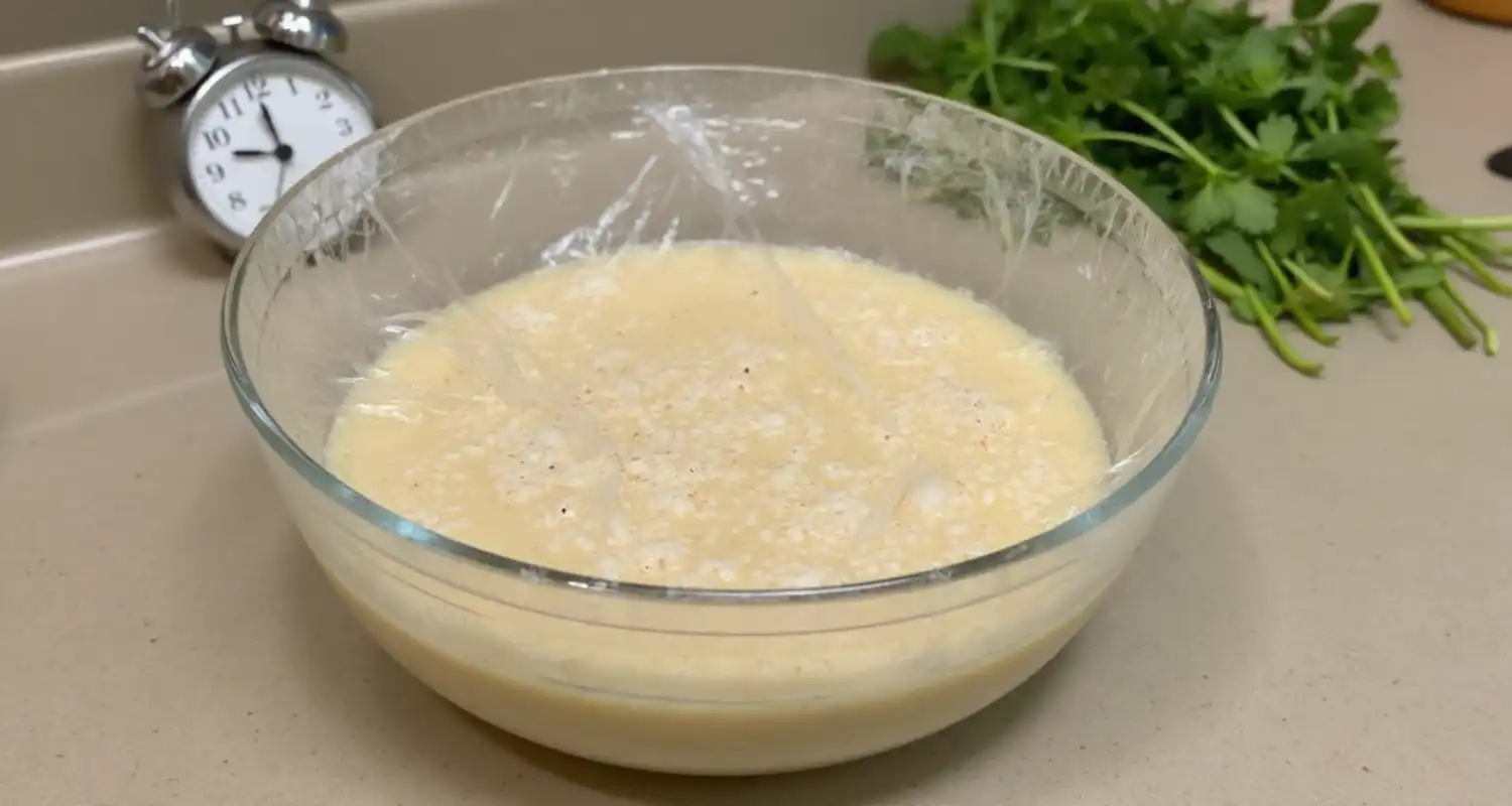 Onions marinating in citrus dressing inside a covered mixing bowl