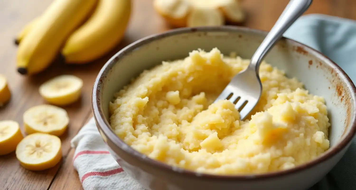 Ripe bananas being mashed in a mixing bowl with a fork, surrounded by peeled banana skins.