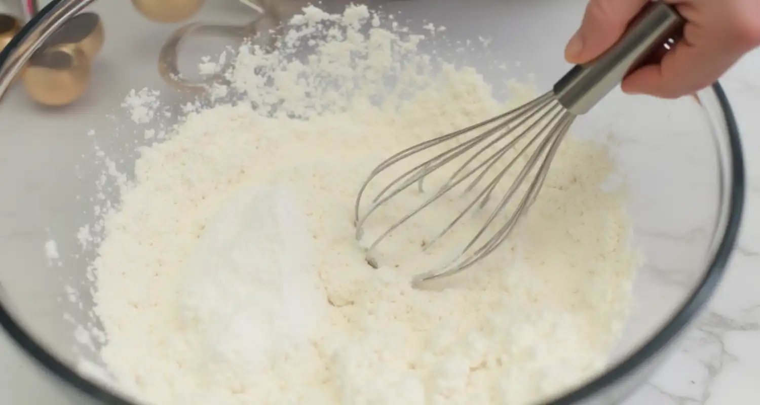 A mixing bowl with flour, baking powder, and baking soda being whisked by hand.