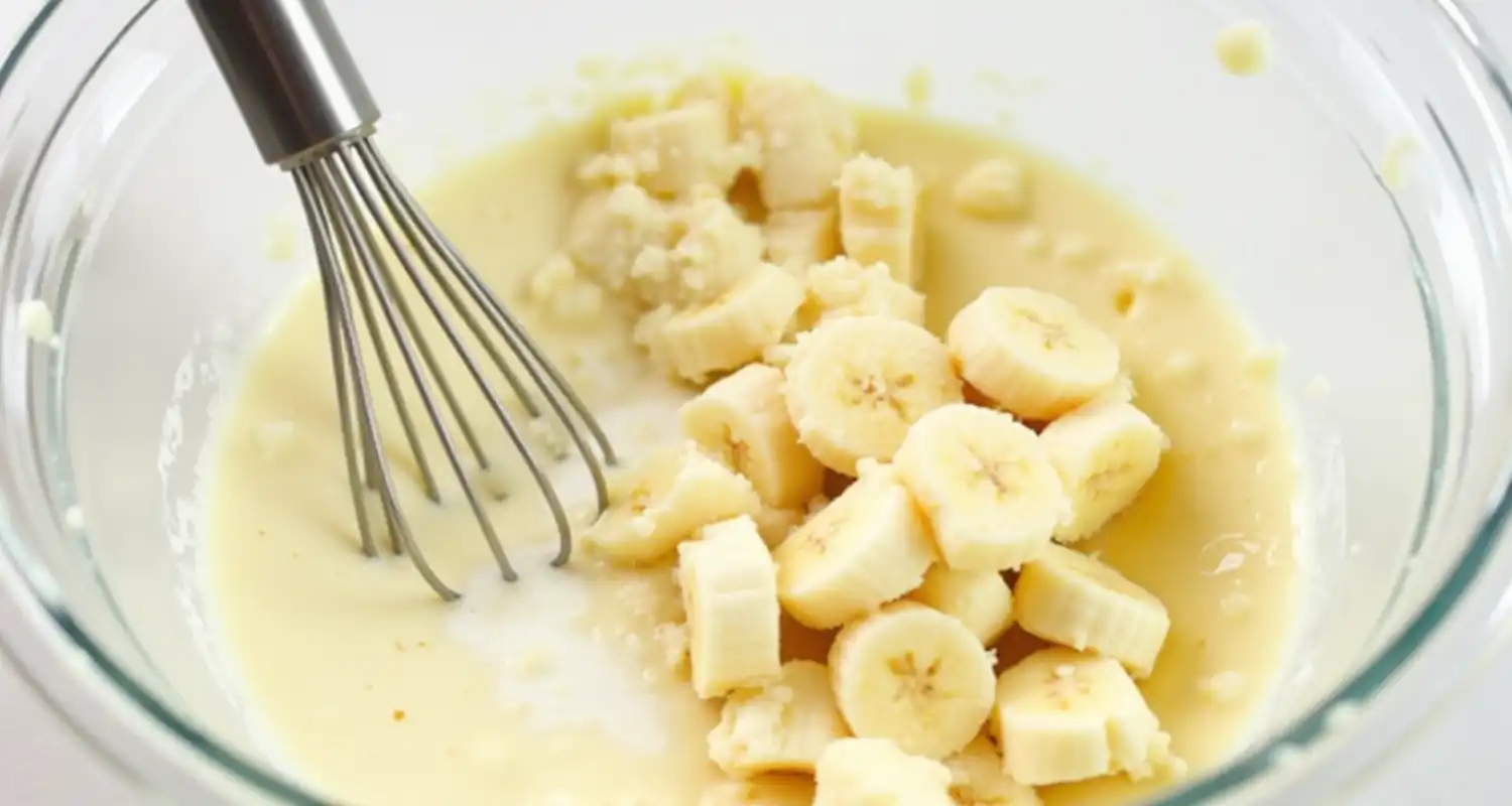 A glass bowl filled with mashed bananas, yogurt, melted butter, sugar, and vanilla being whisked together.