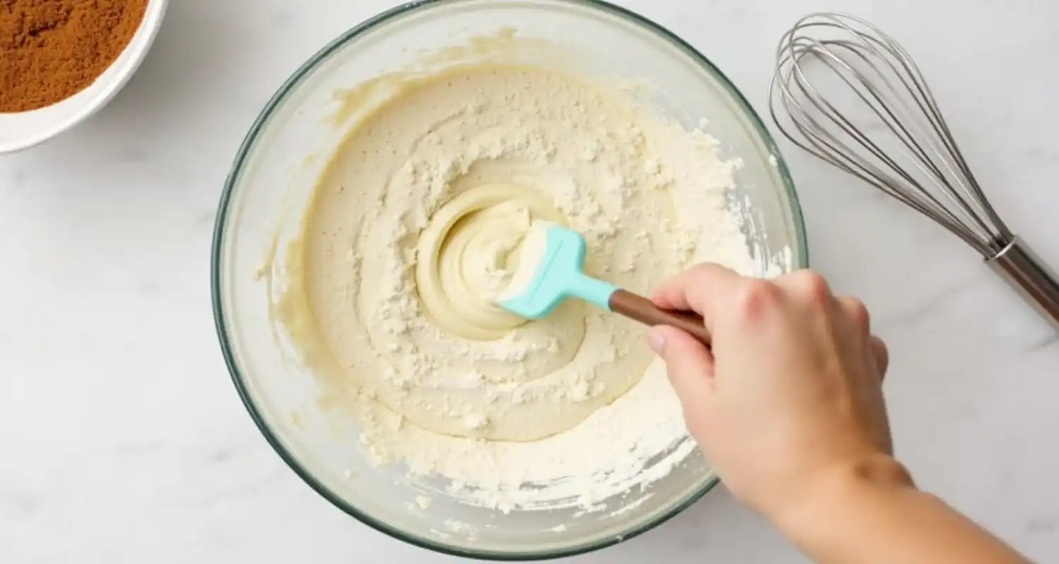 Dry ingredients being folded into a bowl of wet ingredients to create a smooth cake batter.