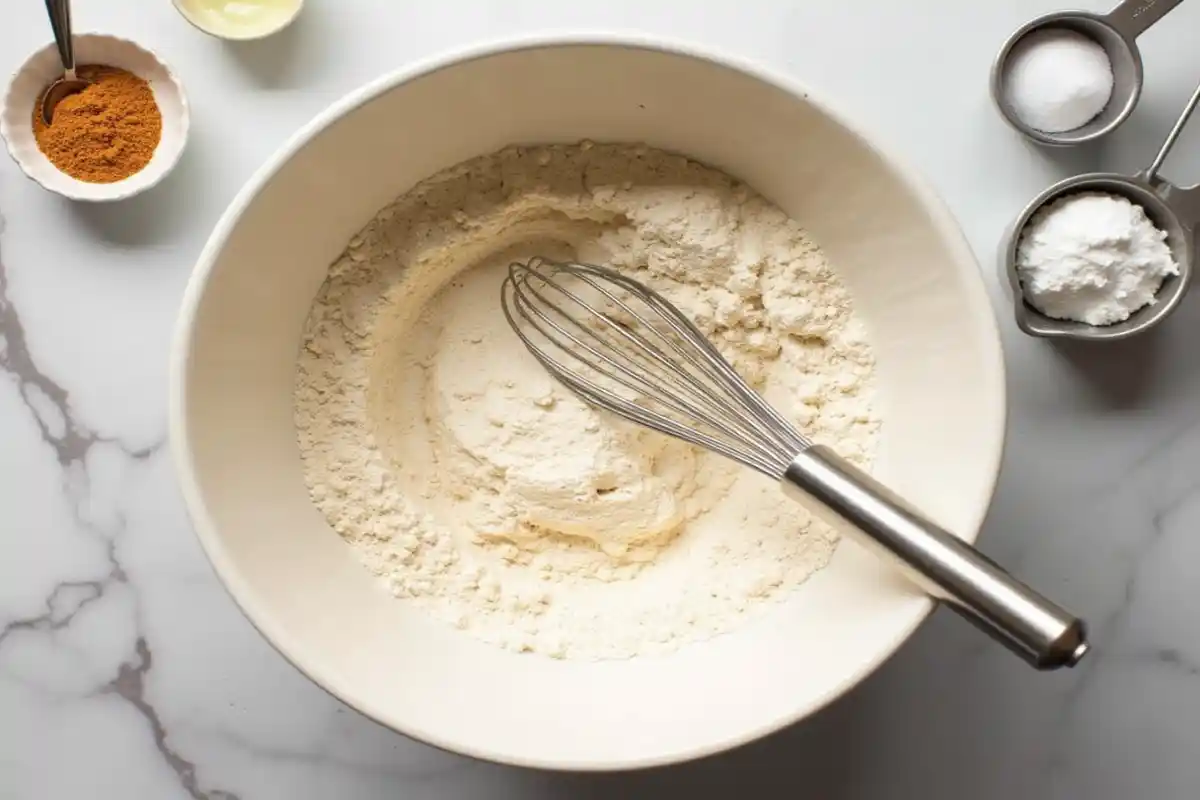 A large bowl with einkorn flour, baking powder, and salt being whisked together.