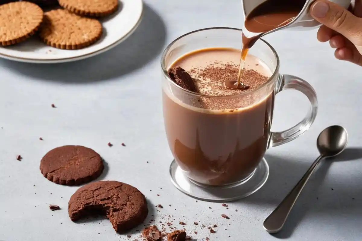 Baileys chocolate drink being poured into a clear mug, with crushed wafers nearby for topping.