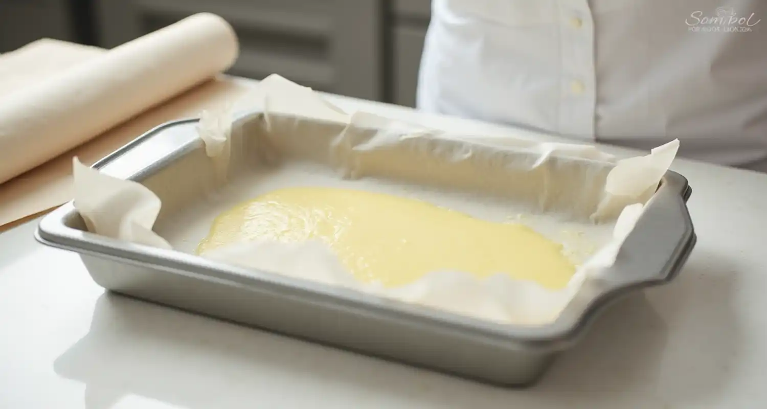 An oven set to 350°F with a greased 9x13-inch baking pan on a countertop, lined with parchment paper.