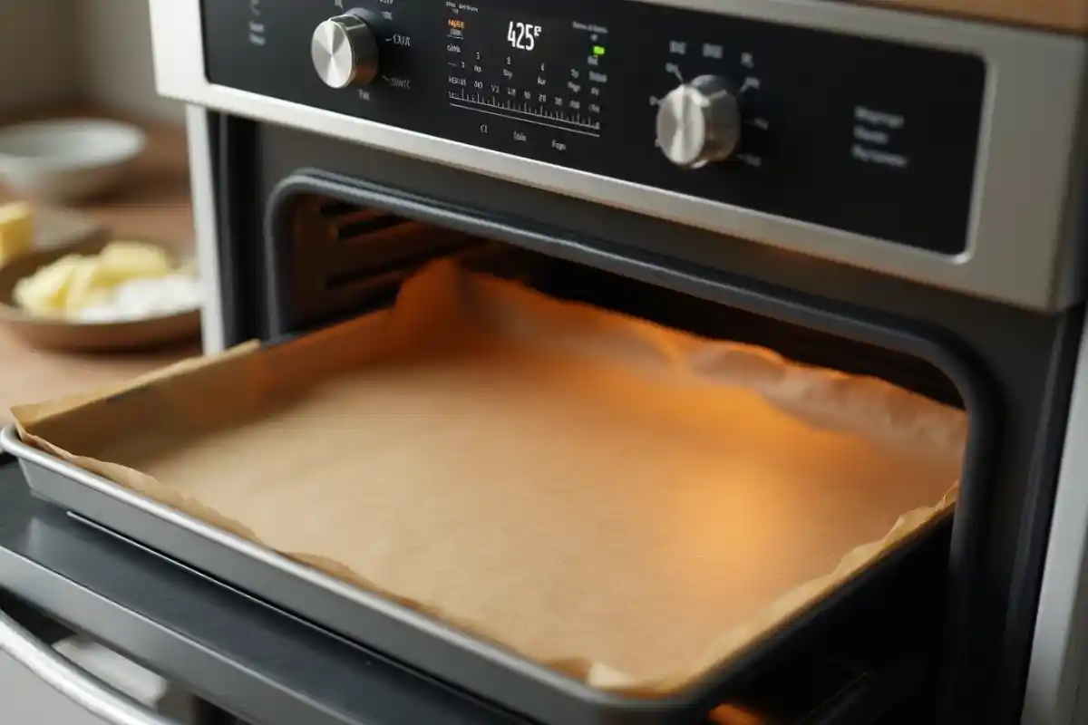 An oven preheated to 425°F with a baking sheet lined with parchment paper on a countertop.