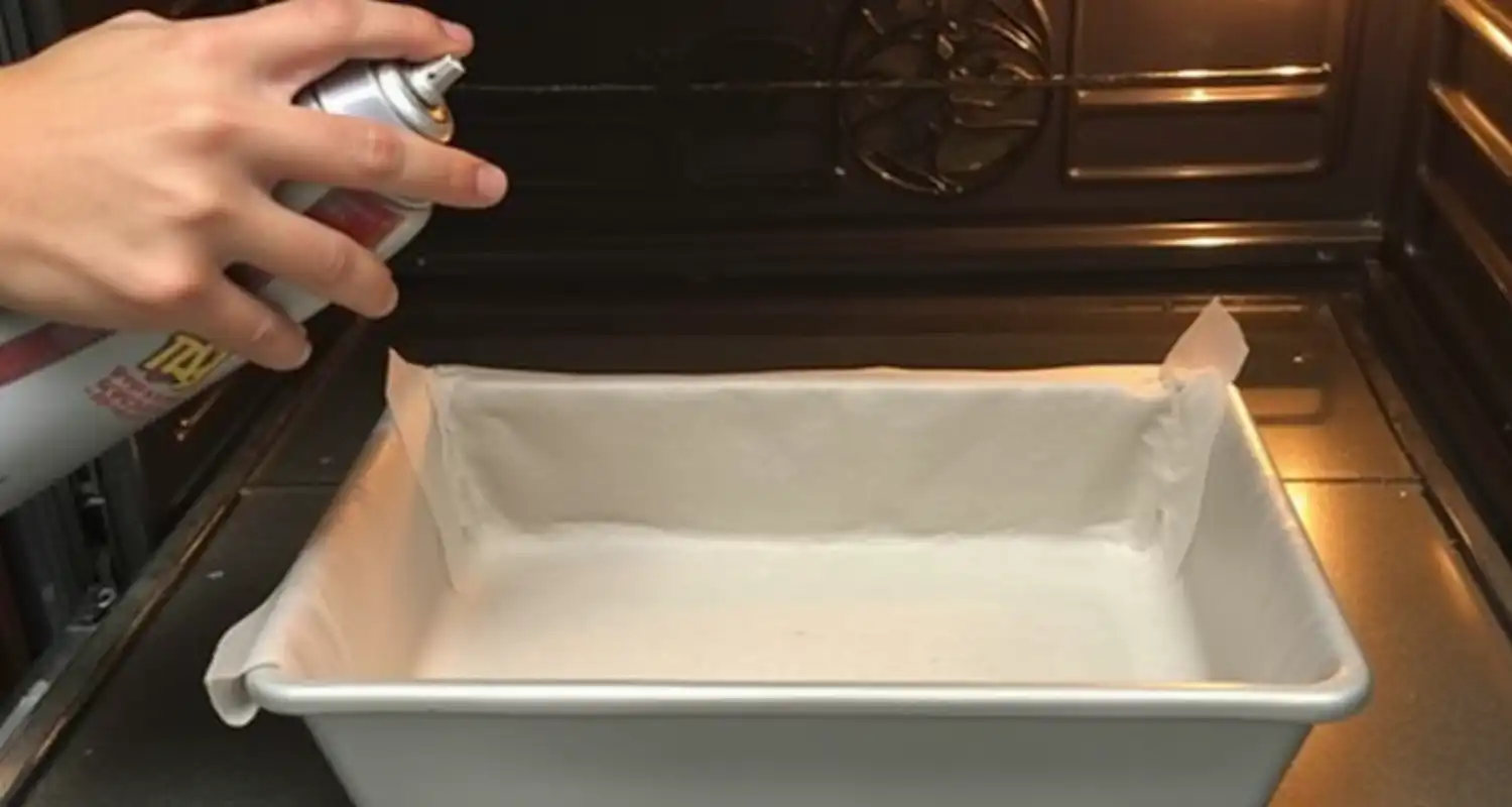 A loaf pan lined with parchment paper and sprayed with non-stick spray, next to a preheated oven.
