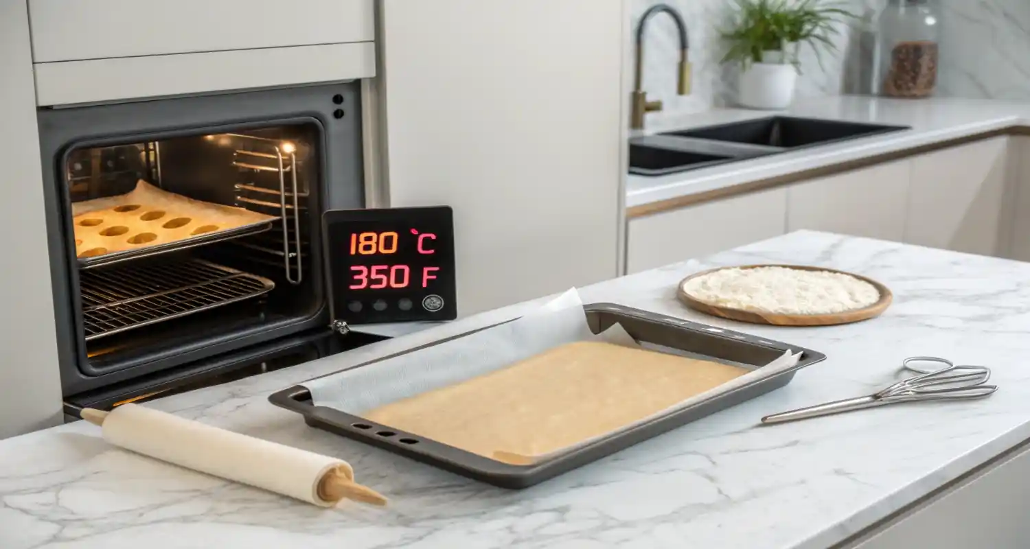 Oven preheated to 180°C (350°F) and a parchment-lined baking sheet ready for cookies.