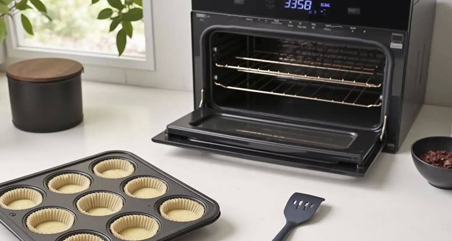 An oven preheating to 350°F with a cupcake pan lined with 12 paper liners on the counter.