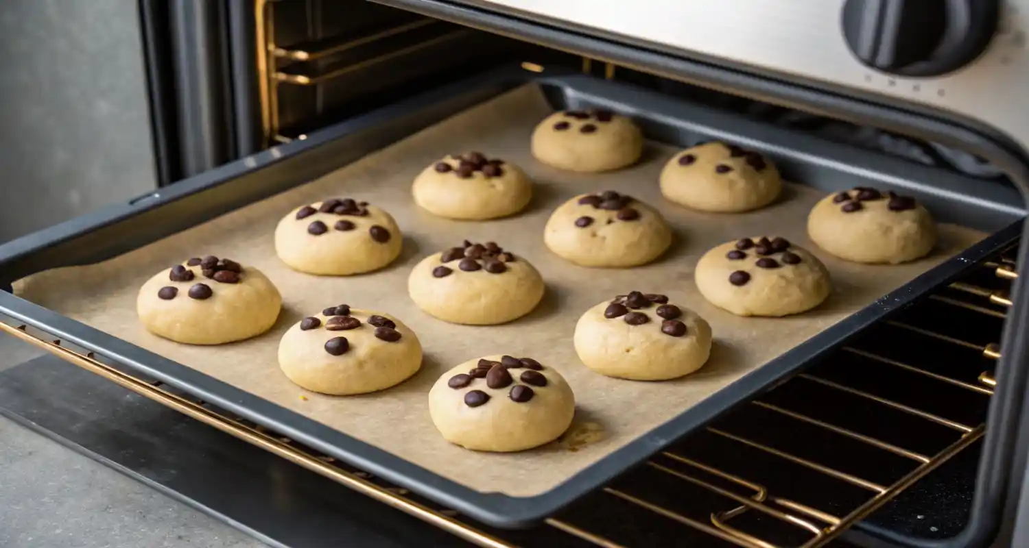 Cookie dough balls evenly spaced on a baking sheet, ready to bake at 180°C (350°F).