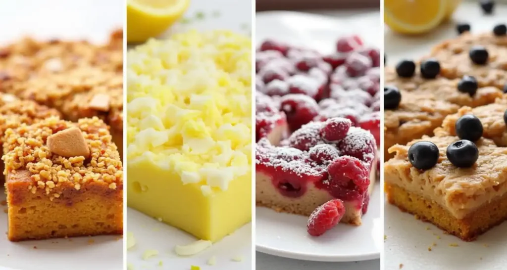 A collage of seasonal kefir sheet cakes, including pumpkin spice, lemon glaze, berry-topped, and ginger-molasses versions.