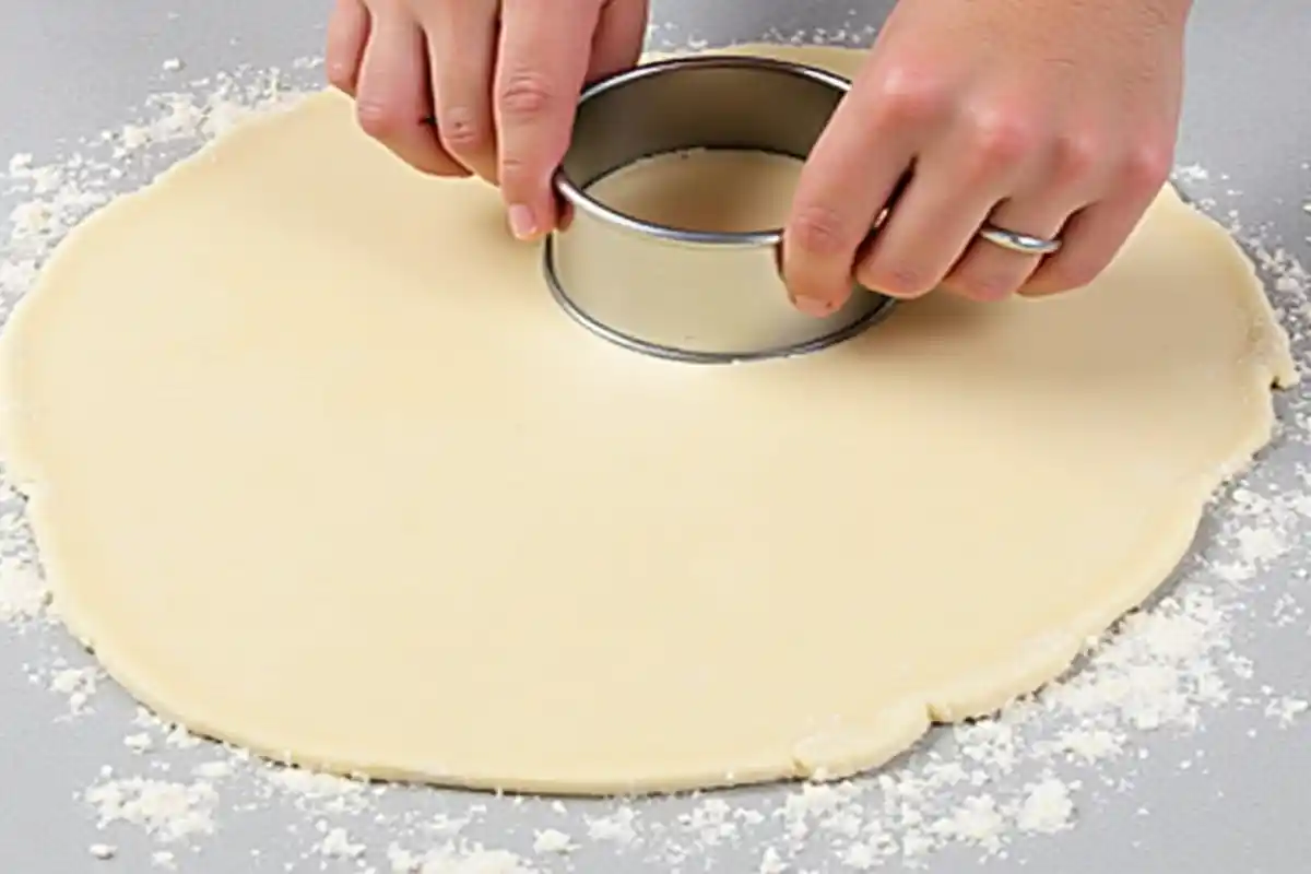Dough rolled out on a floured surface with a biscuit cutter making round shapes.