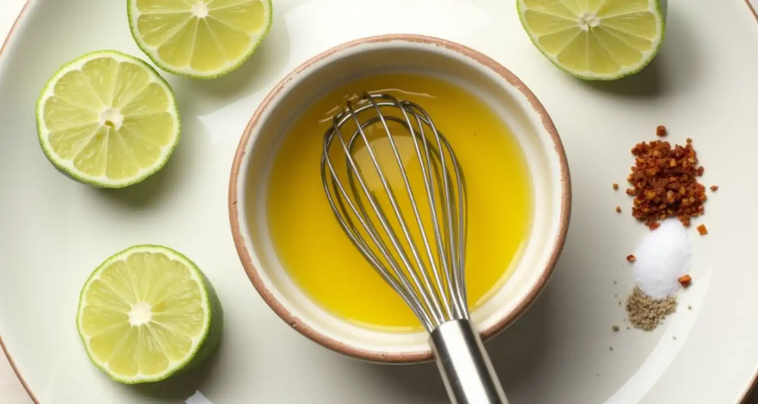 Lime juice, olive oil, and seasonings being whisked together in a bowl
