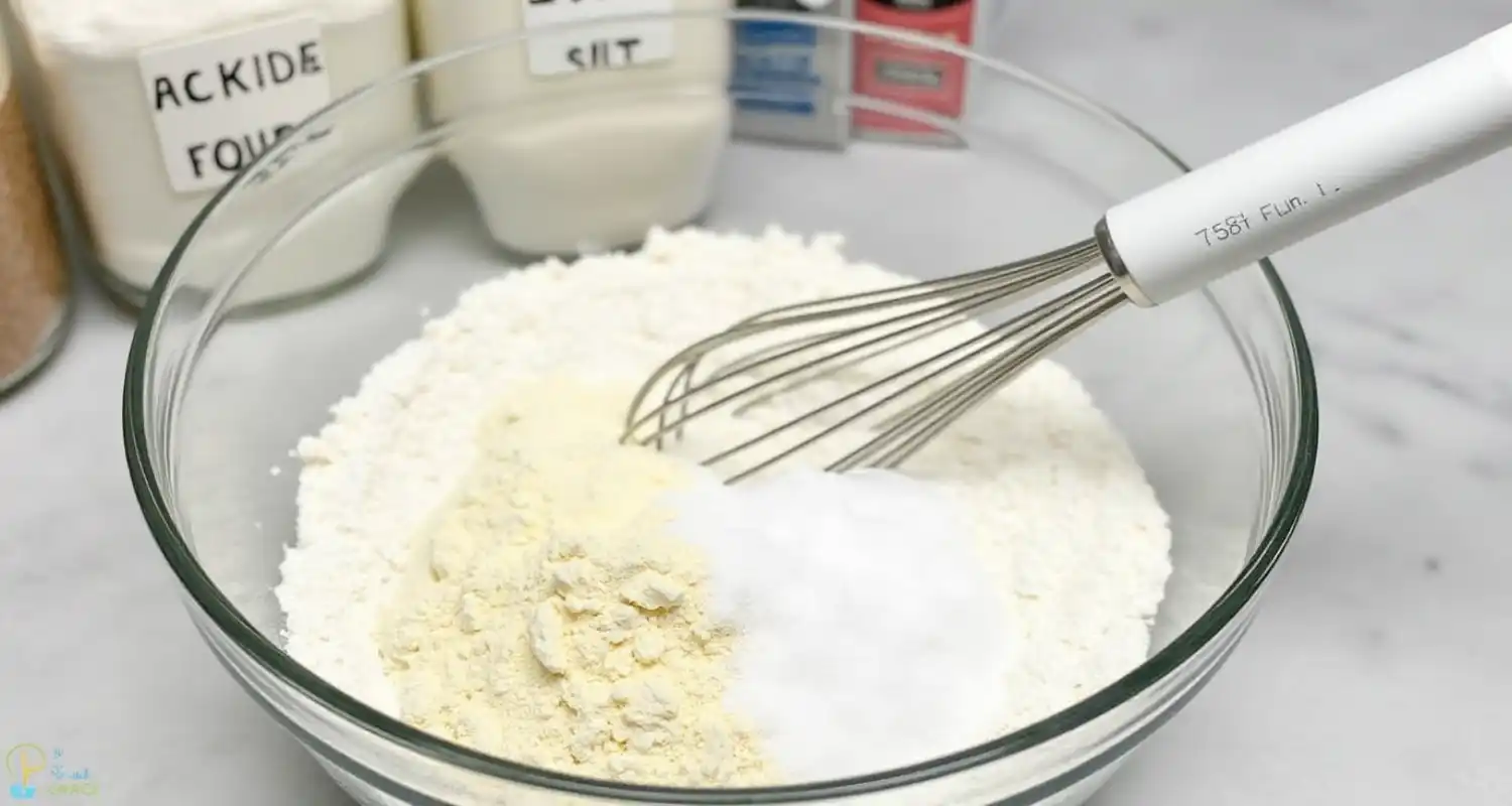 A bowl with flour, baking powder, baking soda, and salt being whisked together for the kefir sheet cake.