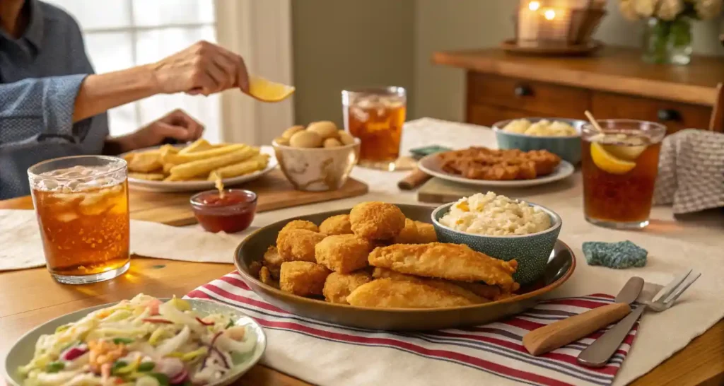 A dinner table with crispy fried fish, hush puppies, and coleslaw.