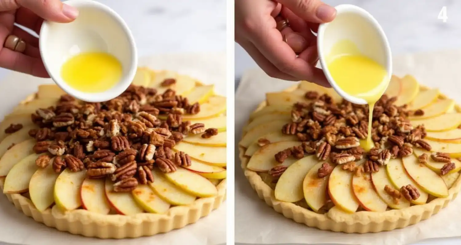 Toasted pecans being scattered over apple slices with melted butter drizzled on top.