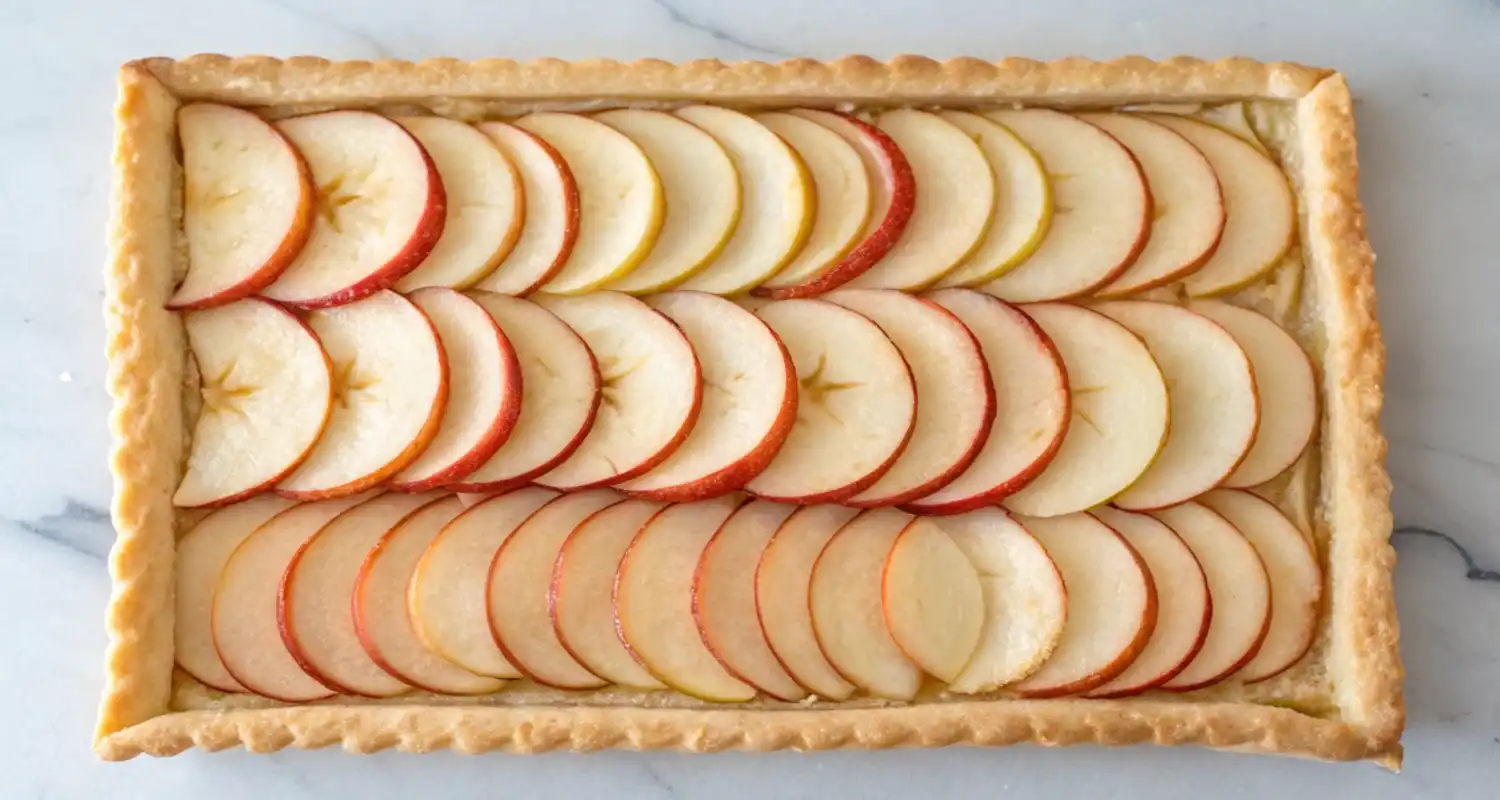 Thinly sliced apples arranged in overlapping rows within the scored border of puff pastry.