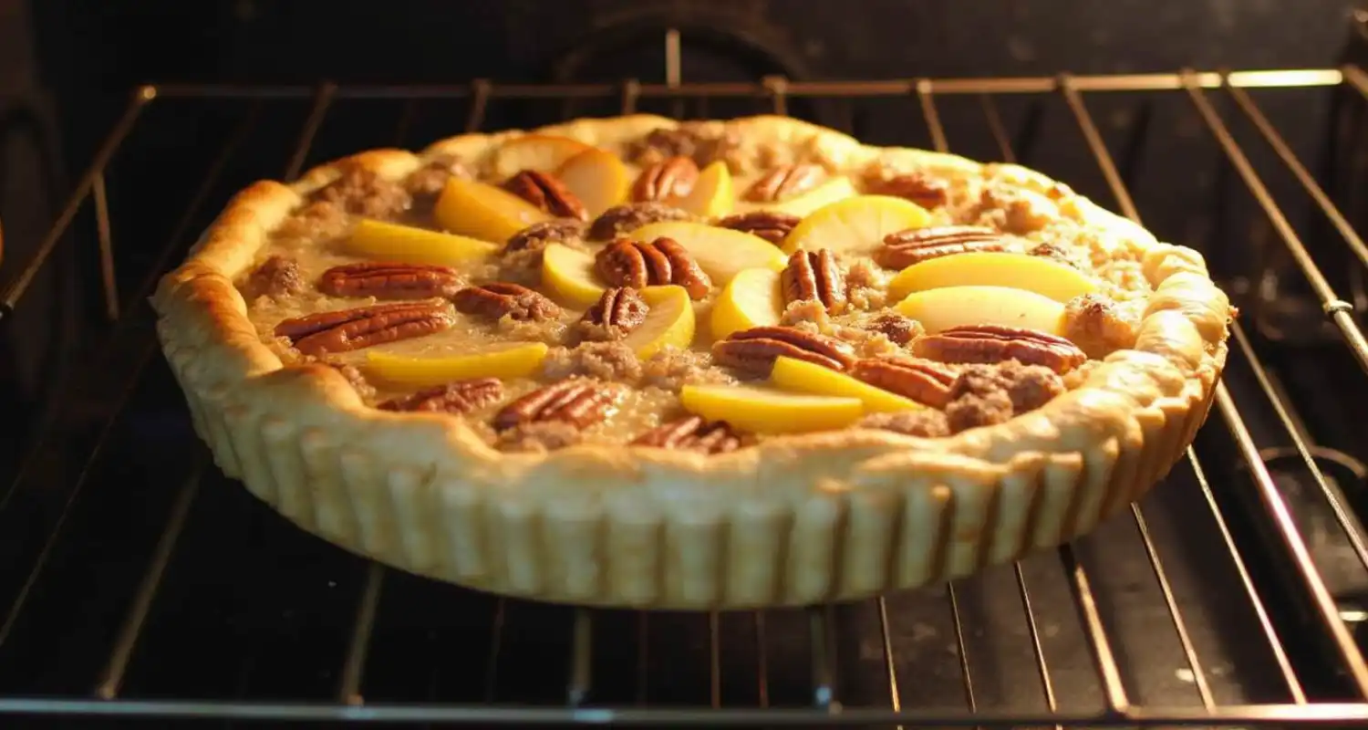 The apple and pecan Danish pastry tart baking in the oven, with golden-brown edges.