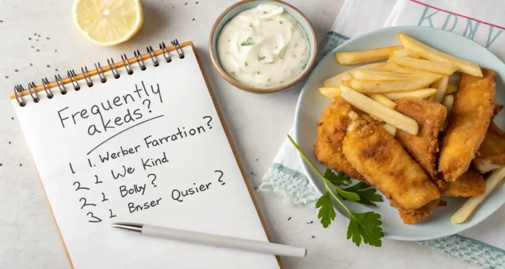 A notepad with questions next to fried fish and tartar sauce.