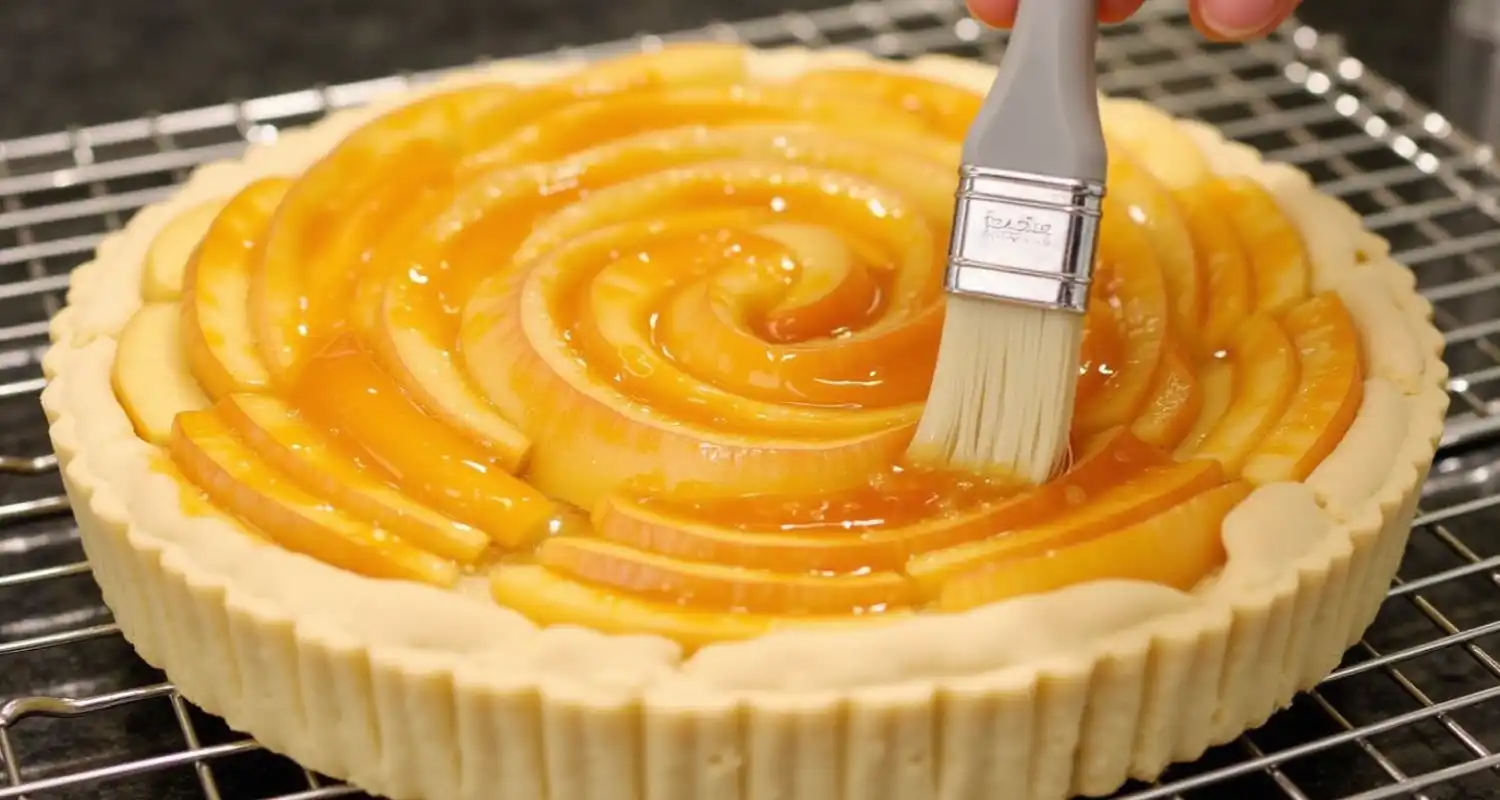 A baked apple and pecan tart on a cooling rack, with apricot jelly being brushed over the apple slices.