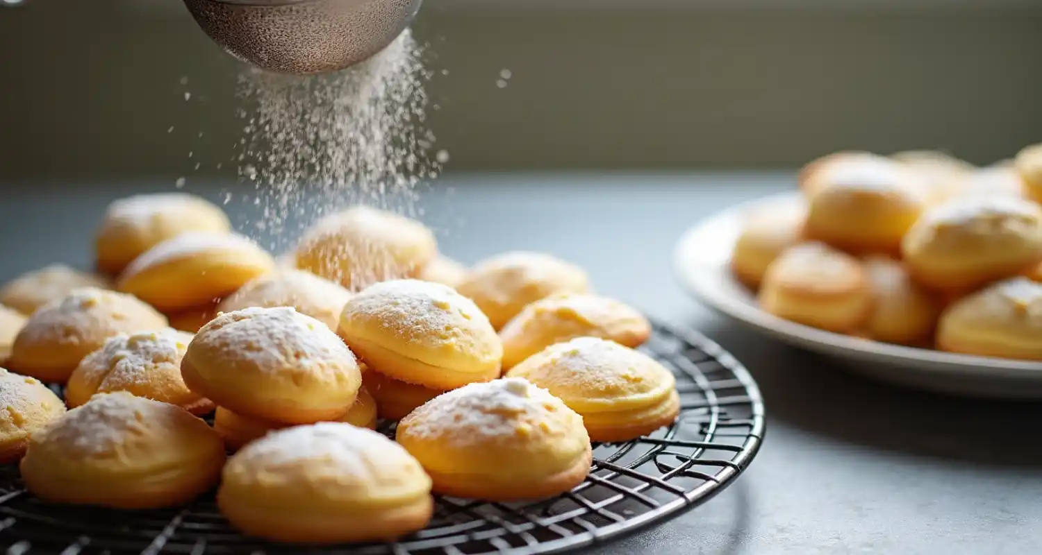 Freshly baked madeline cookies cooling on a wire rack, dusted with powdered sugar.